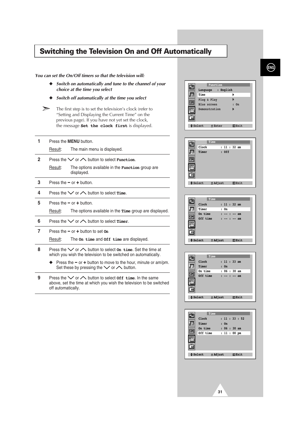 Switching the television on and off automatically | Samsung 29Z6 User Manual | Page 31 / 44