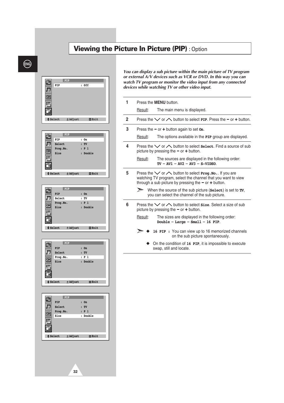 Viewing the picture in picture (pip), Option | Samsung 29Z6 User Manual | Page 32 / 44