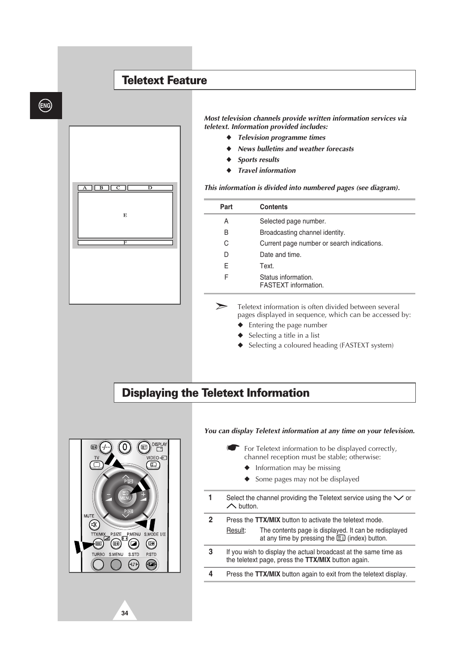 Teletext feature, Displaying the teletext information | Samsung 29Z6 User Manual | Page 34 / 44