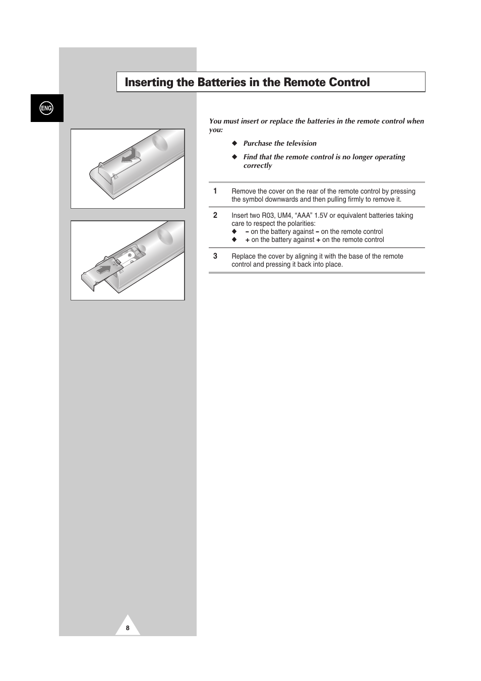 Inserting the batteries in the remote control | Samsung 29Z6 User Manual | Page 8 / 44