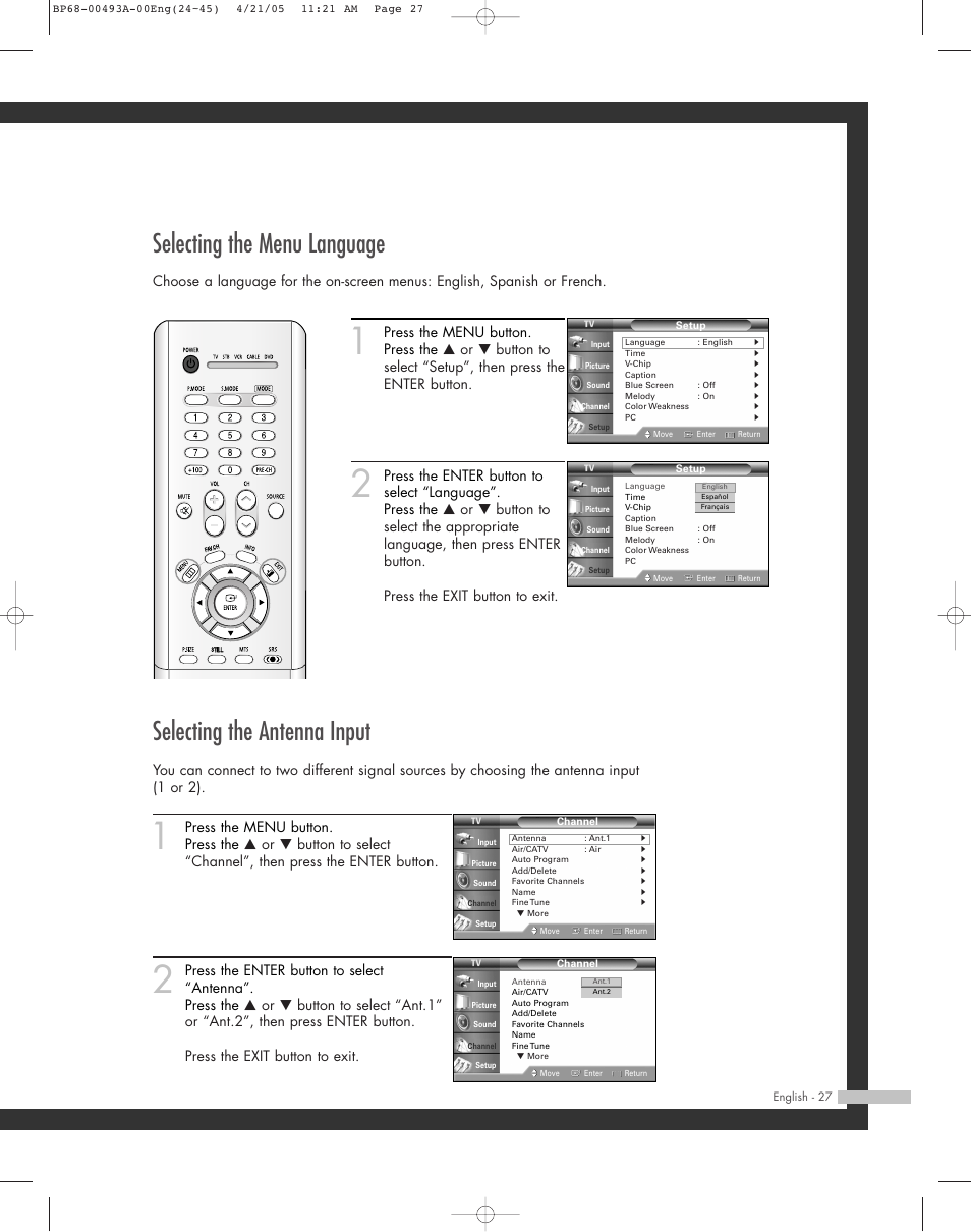 Selecting the menu language, Selecting the antenna input | Samsung HL-R6164W User Manual | Page 27 / 96