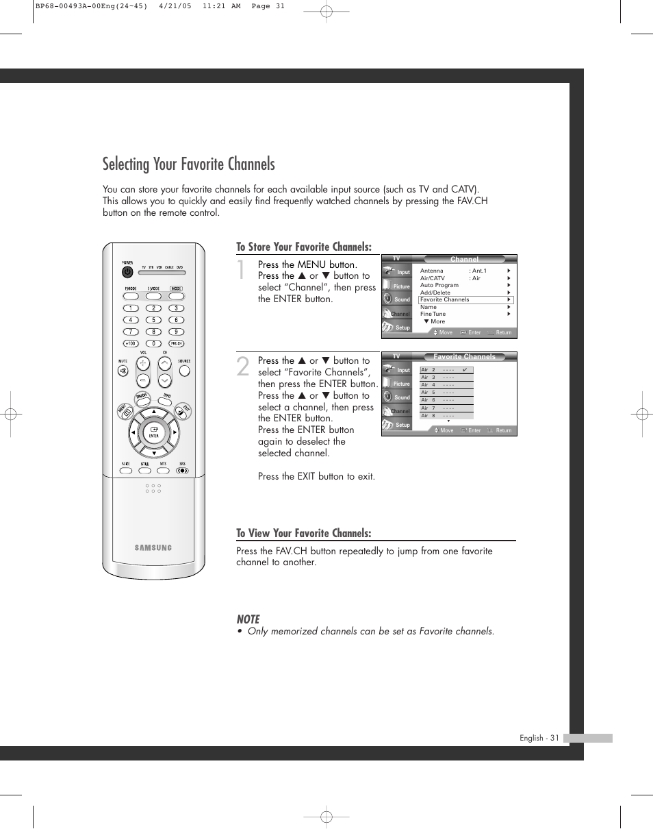 Selecting your favorite channels | Samsung HL-R6164W User Manual | Page 31 / 96