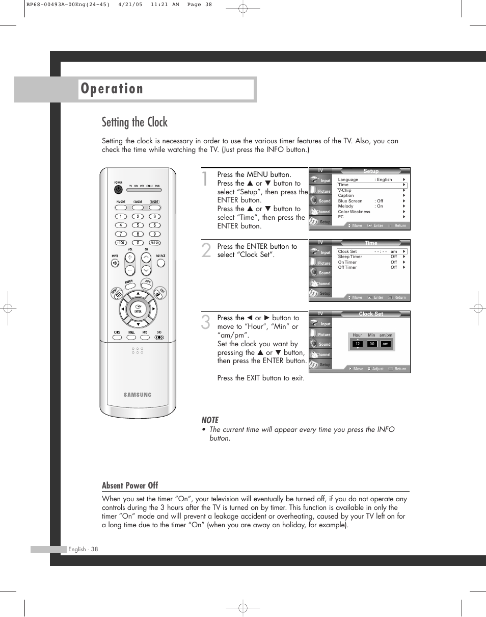Setting the clock, Operation, Absent power off | Press the enter button to select “clock set | Samsung HL-R6164W User Manual | Page 38 / 96