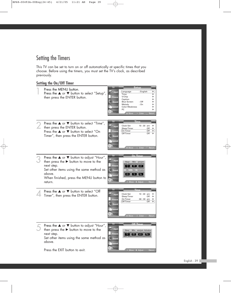 Setting the timers, Setting the on/off timer | Samsung HL-R6164W User Manual | Page 39 / 96