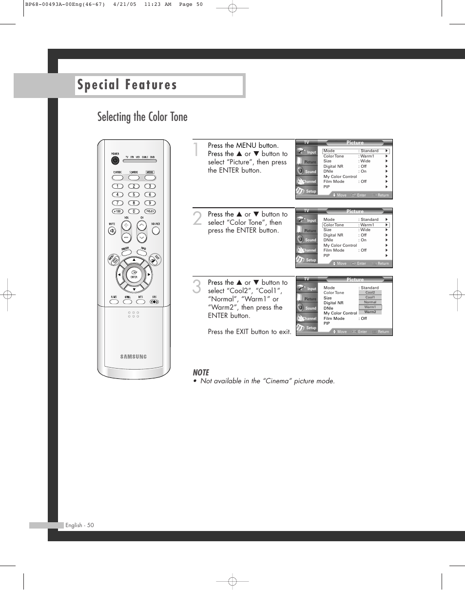 Selecting the color tone, Special features, Not available in the “cinema” picture mode | Samsung HL-R6164W User Manual | Page 50 / 96
