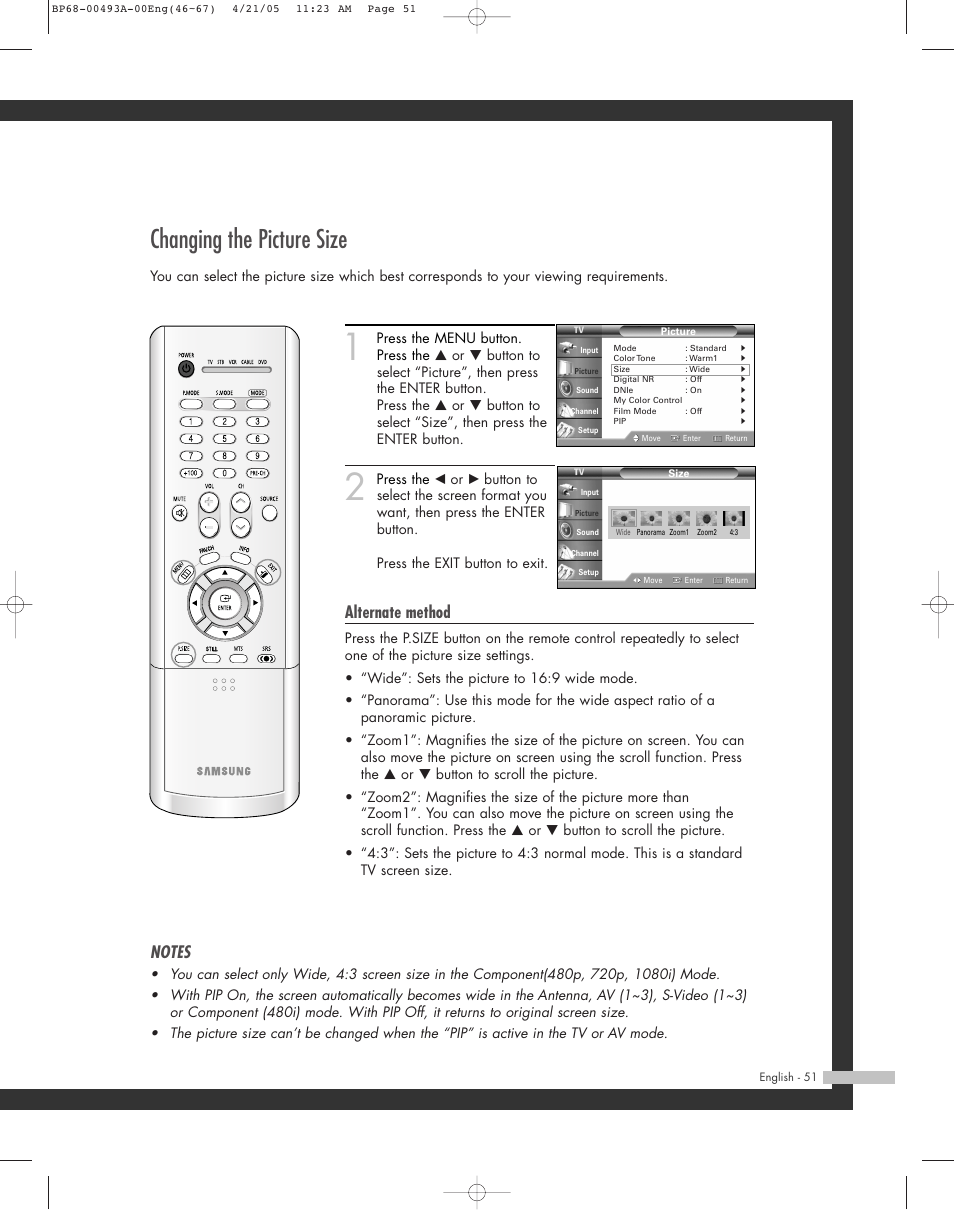 Changing the picture size, Alternate method | Samsung HL-R6164W User Manual | Page 51 / 96