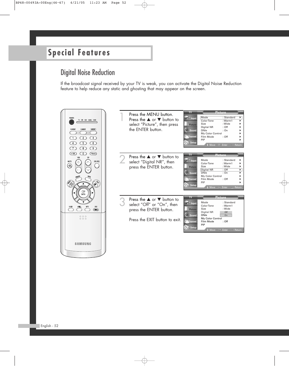 Digital noise reduction, Special features | Samsung HL-R6164W User Manual | Page 52 / 96