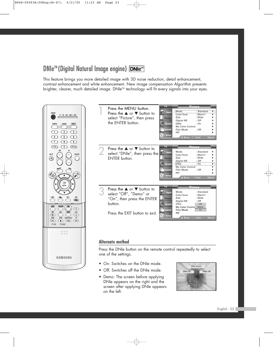 Dnietm (digital natural image engine), Dnie, Digital natural image engine) | Alternate method, Technology will fit every signals into your eyes | Samsung HL-R6164W User Manual | Page 53 / 96