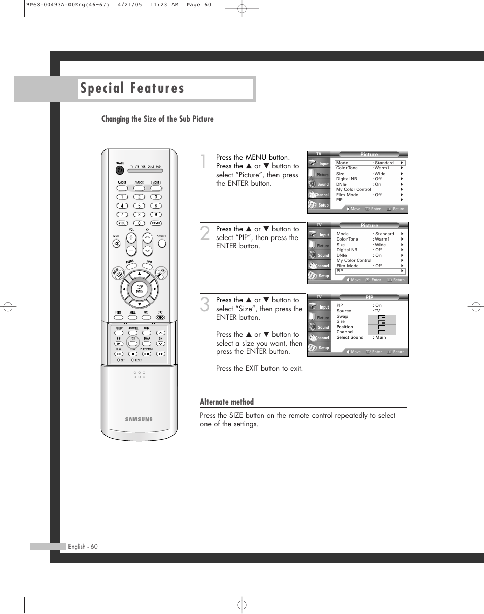 Changing the size of the sub picture, Special features, Alternate method | Samsung HL-R6164W User Manual | Page 60 / 96
