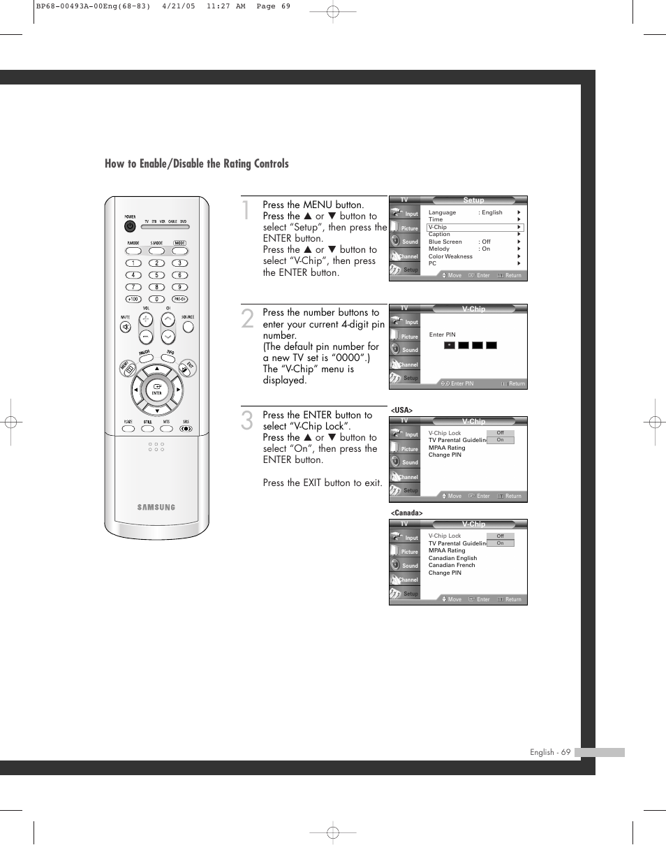 How to enable/disable the rating controls | Samsung HL-R6164W User Manual | Page 69 / 96