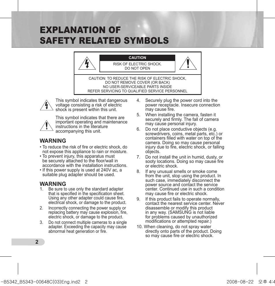 Explanation of safety related symbols, Warning | Samsung SCC-B5342 User Manual | Page 2 / 16