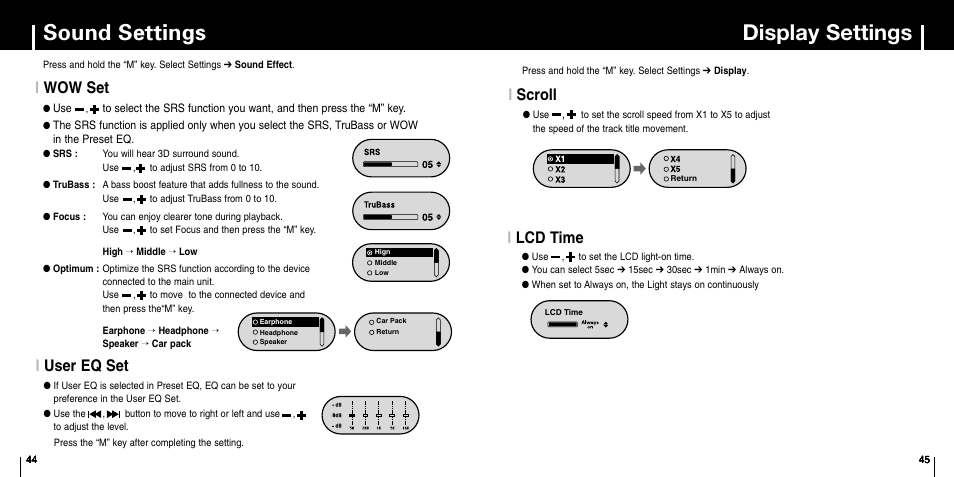 Wow set, User eq set, Display settings | Scroll, Lcd time, Sound settings, Iscroll, Ilcd time, Iwow set, Iuser eq set | Samsung YP-F1 User Manual | Page 23 / 34