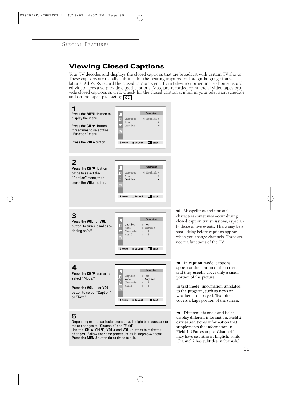 Viewing closed captions | Samsung CT-20H4 User Manual | Page 35 / 37