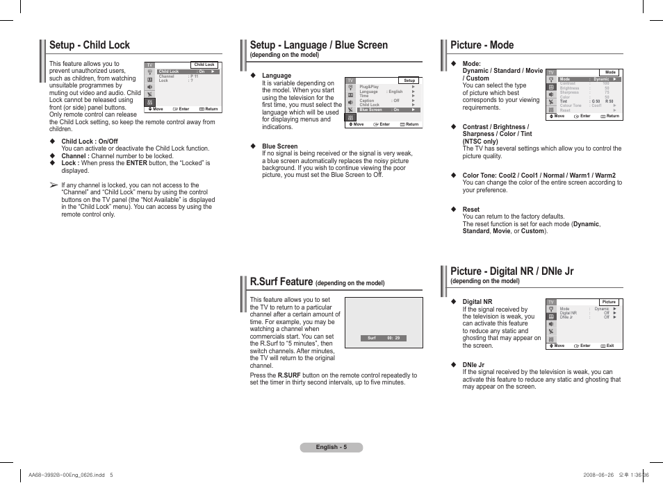 Setup - child lock, R.surf feature (depending on the model), Picture - mode | Setup - language / blue screen, R.surf feature, Picture - digital nr / dnie jr | Samsung CT21A750 User Manual | Page 5 / 8