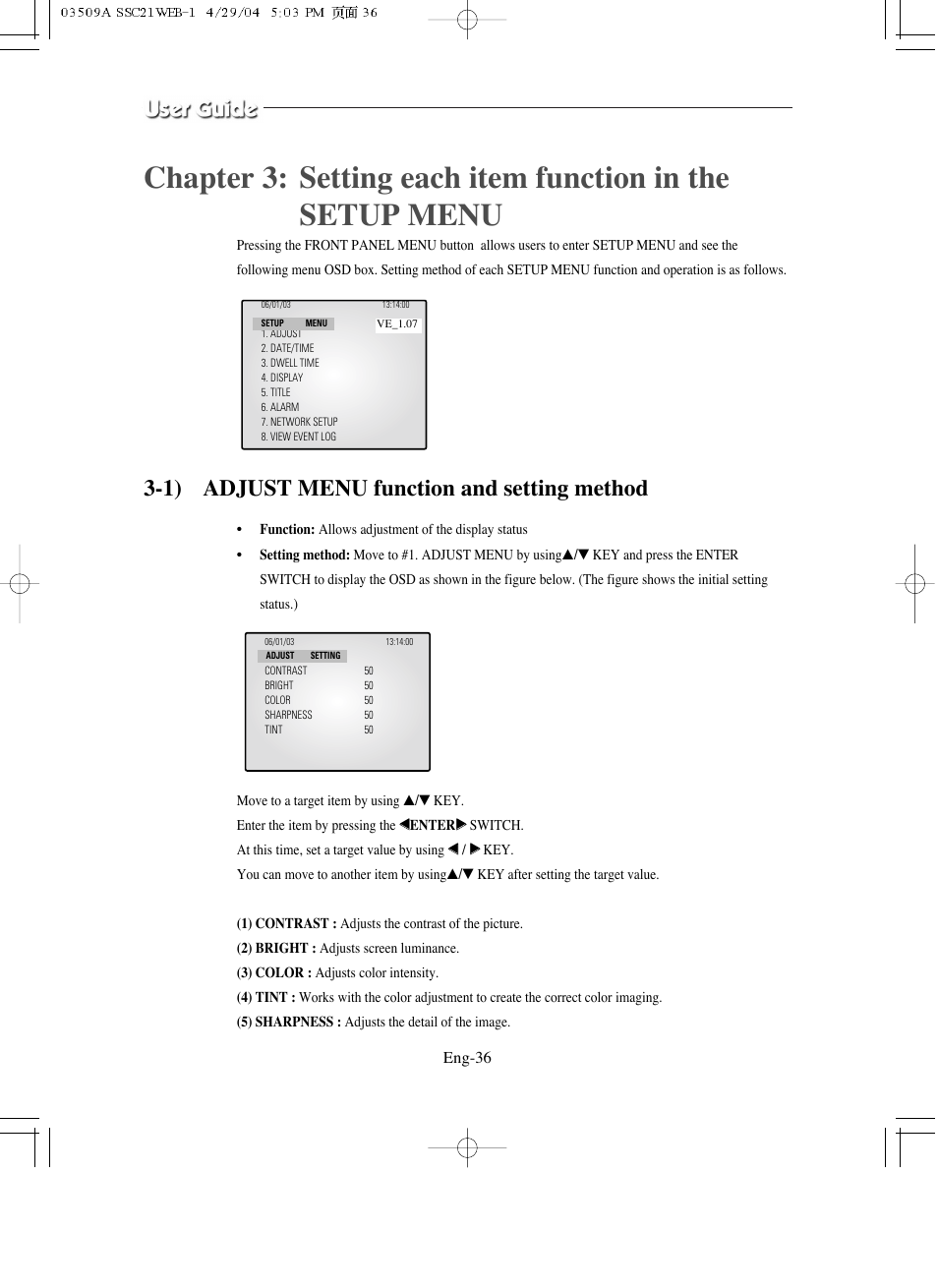1) adjust menu function and setting method | Samsung SMO-211QN User Manual | Page 36 / 112