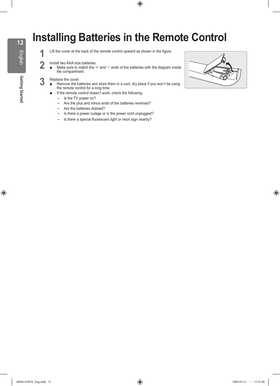 Installing batteries in the remote control | Samsung WD1950 User Manual | Page 12 / 49