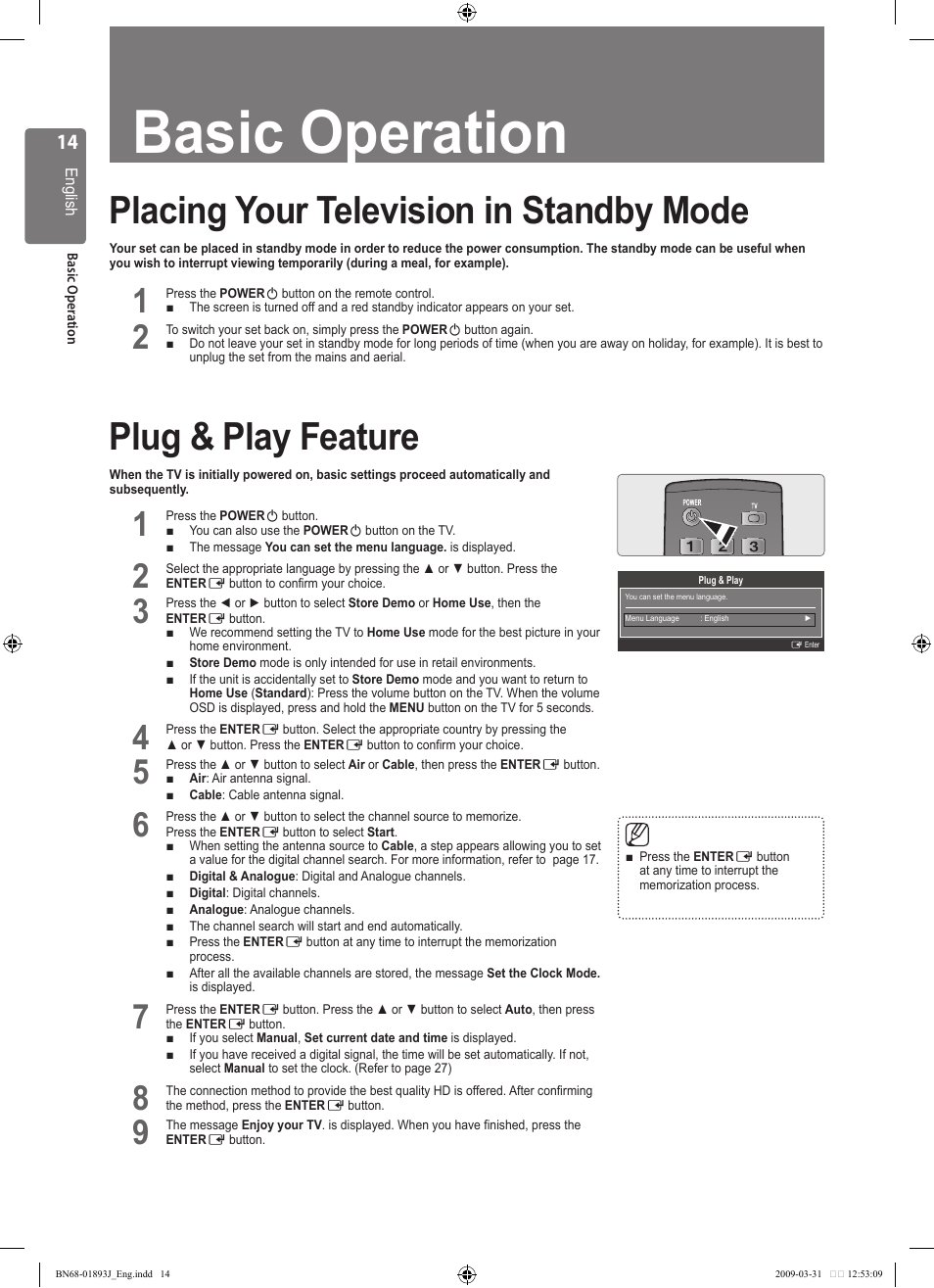 Basic operation, Plug & play feature, Placing your television in standby mode | Samsung WD1950 User Manual | Page 14 / 49