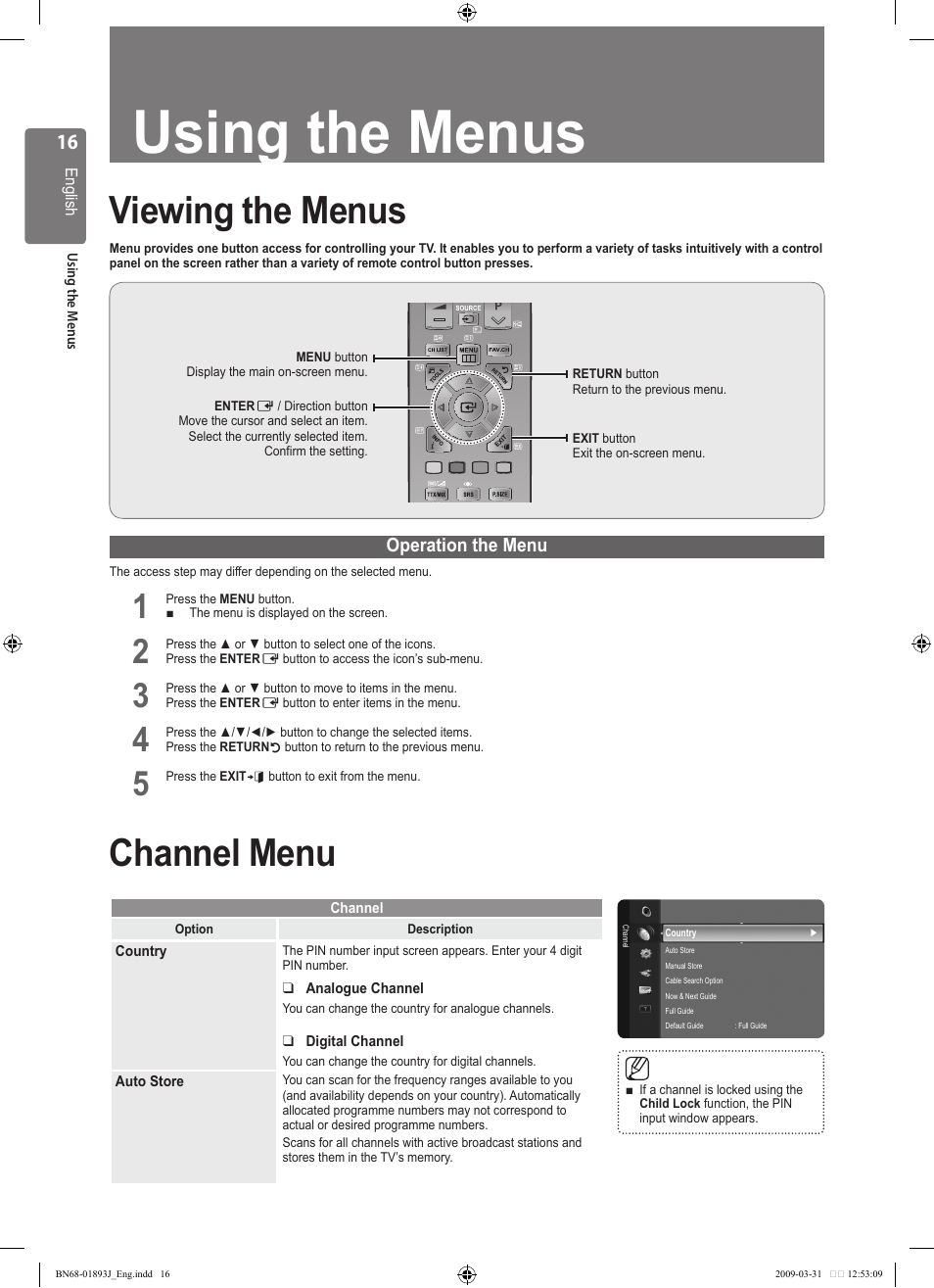 Using the menus, Viewing the menus, Channel menu | Samsung WD1950 User Manual | Page 16 / 49