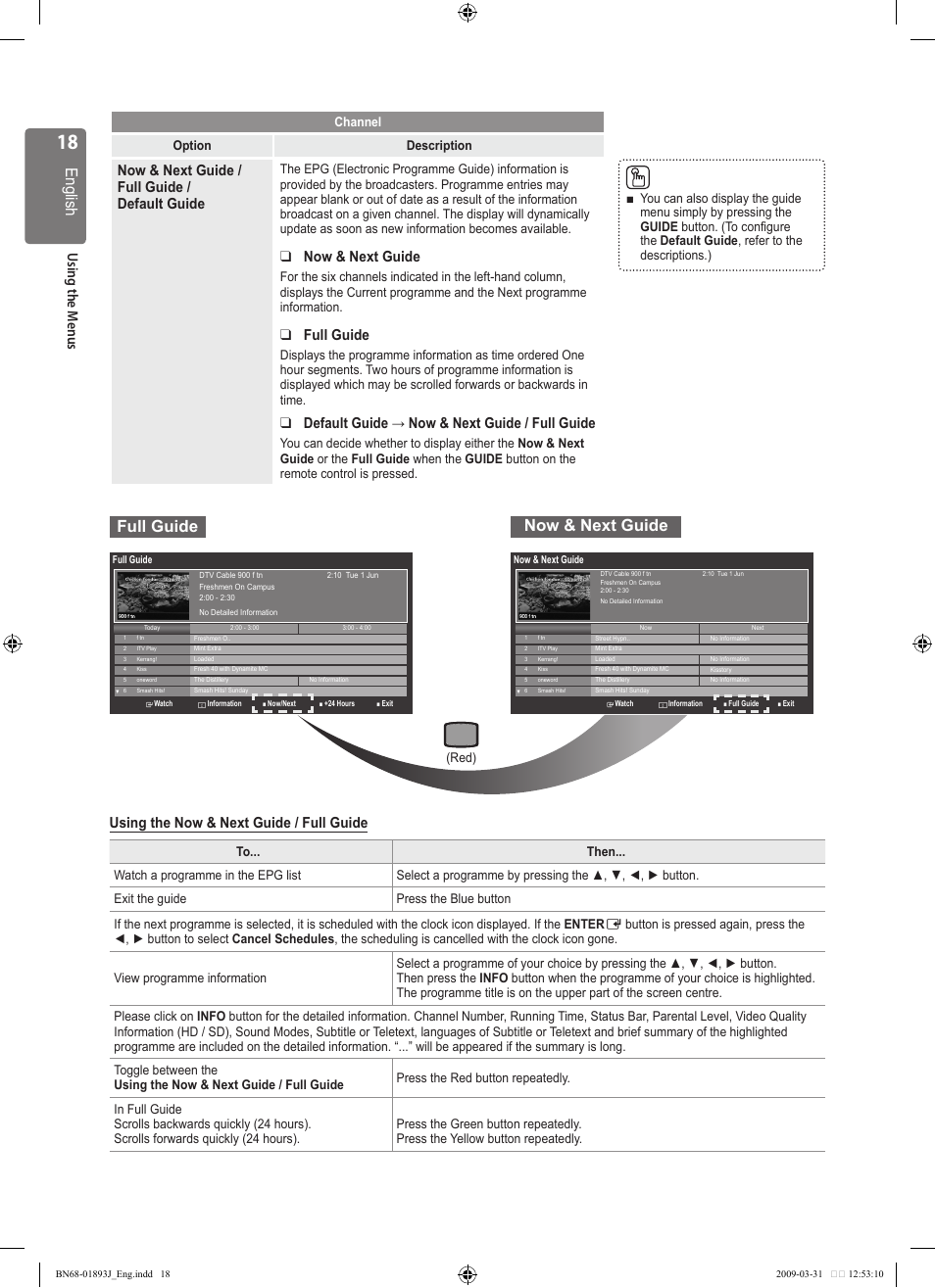 English, Full guide now & next guide | Samsung WD1950 User Manual | Page 18 / 49