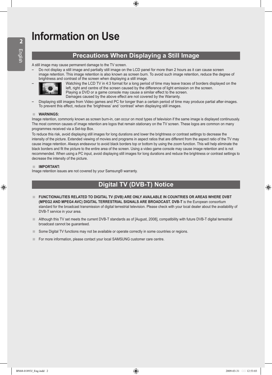 Information on use, Precautions when displaying a still image, Digital tv (dvb-t) notice | Samsung WD1950 User Manual | Page 2 / 49