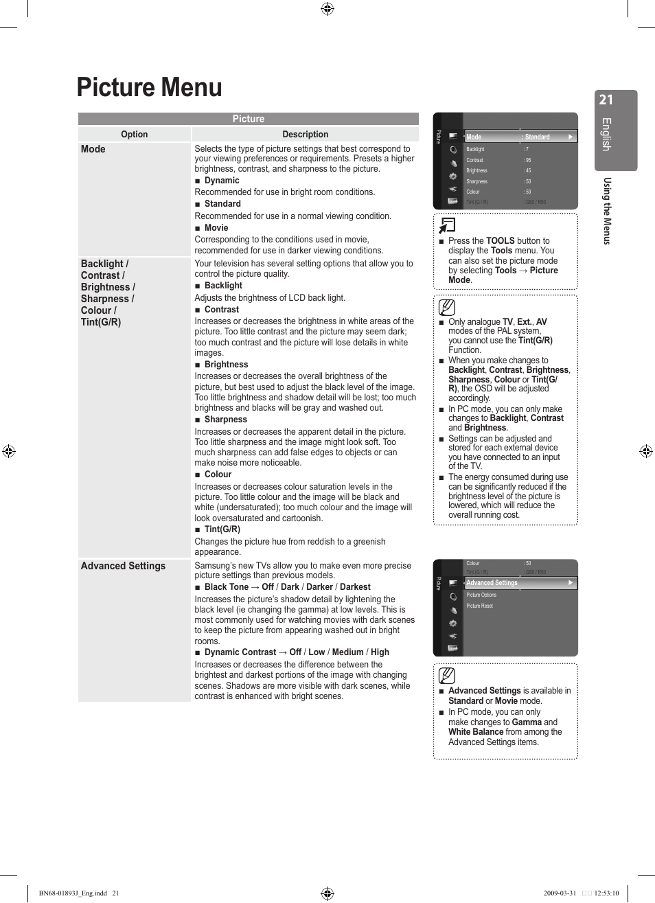 Picture menu, English | Samsung WD1950 User Manual | Page 21 / 49