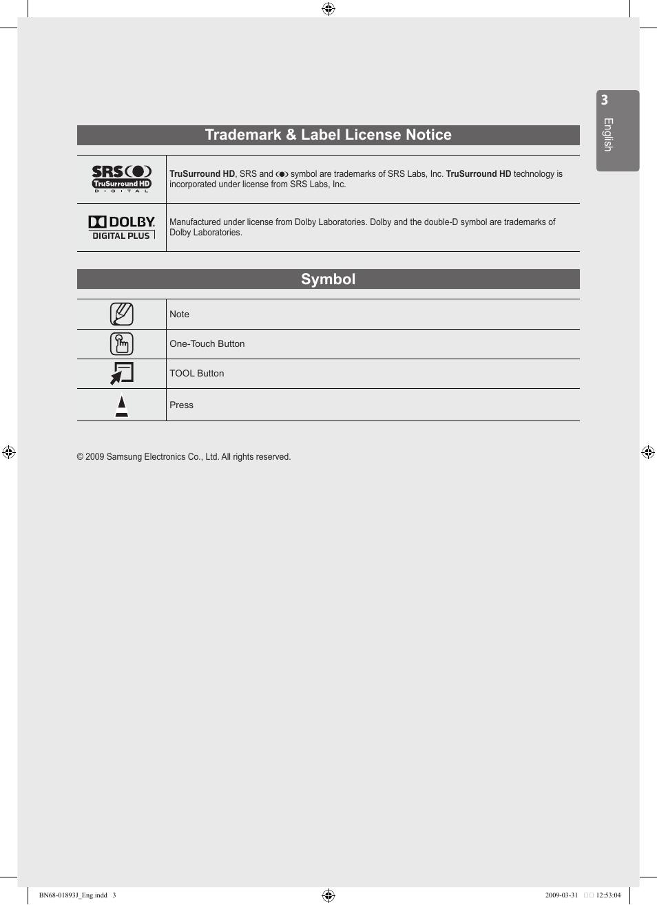 Trademark & label license notice, Symbol | Samsung WD1950 User Manual | Page 3 / 49