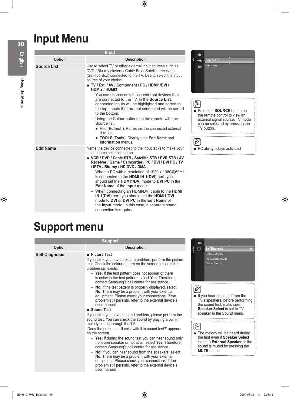 Input menu, Support menu | Samsung WD1950 User Manual | Page 30 / 49