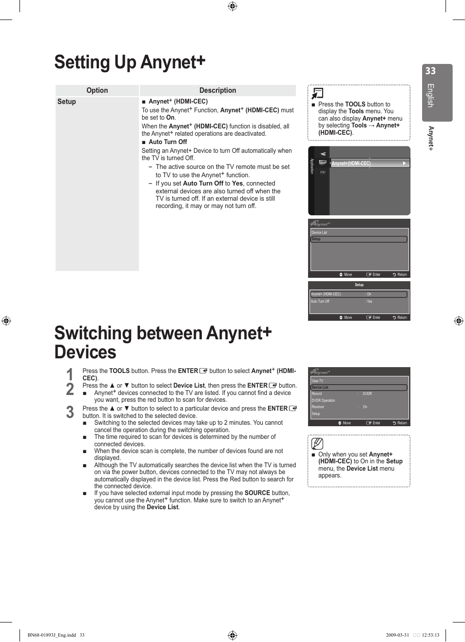 Setting up anynet, Switching between anynet+ devices | Samsung WD1950 User Manual | Page 33 / 49
