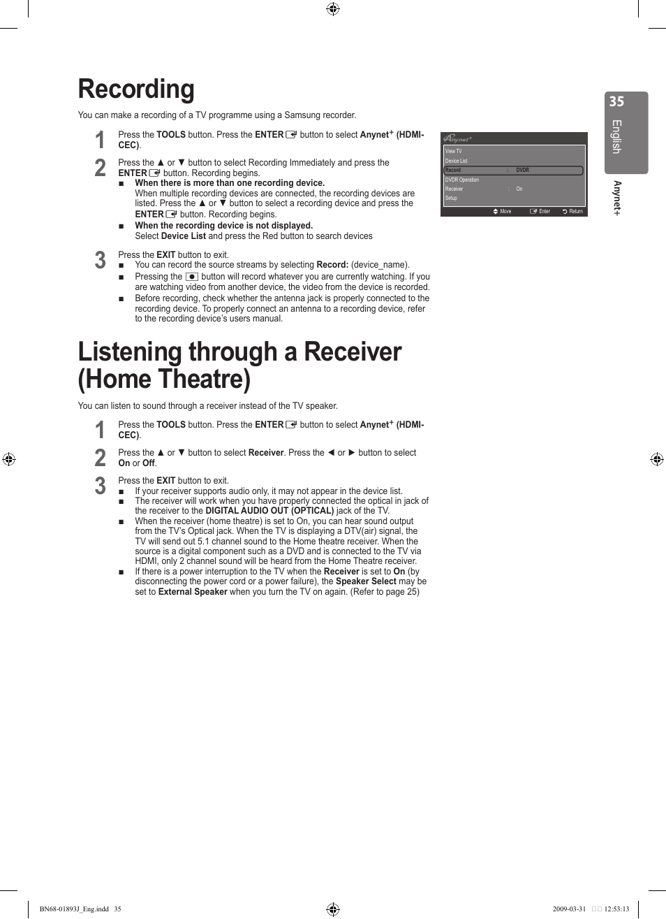 Recording, Listening through a receiver (home theatre) | Samsung WD1950 User Manual | Page 35 / 49
