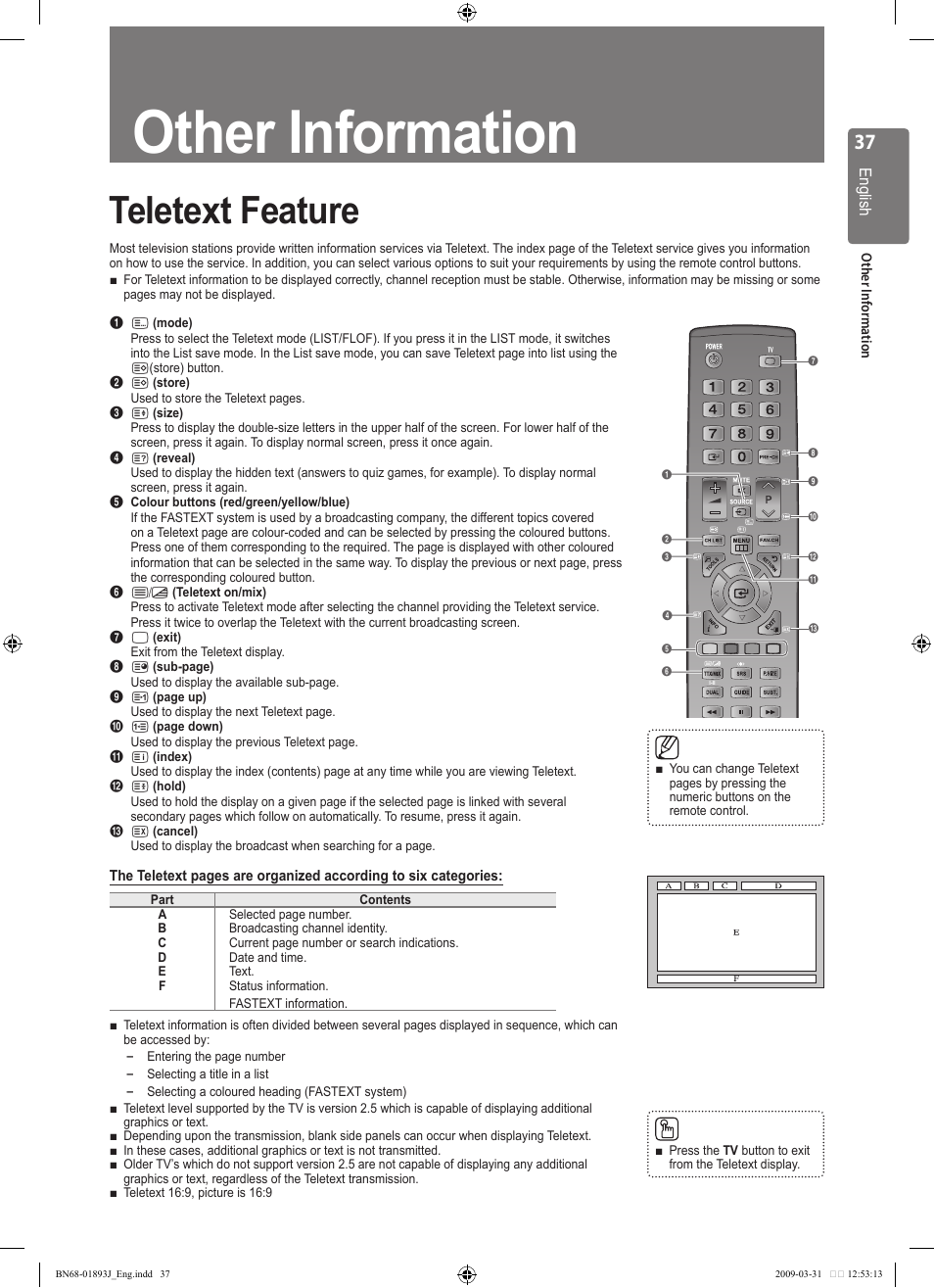 Other information, Teletext feature | Samsung WD1950 User Manual | Page 37 / 49