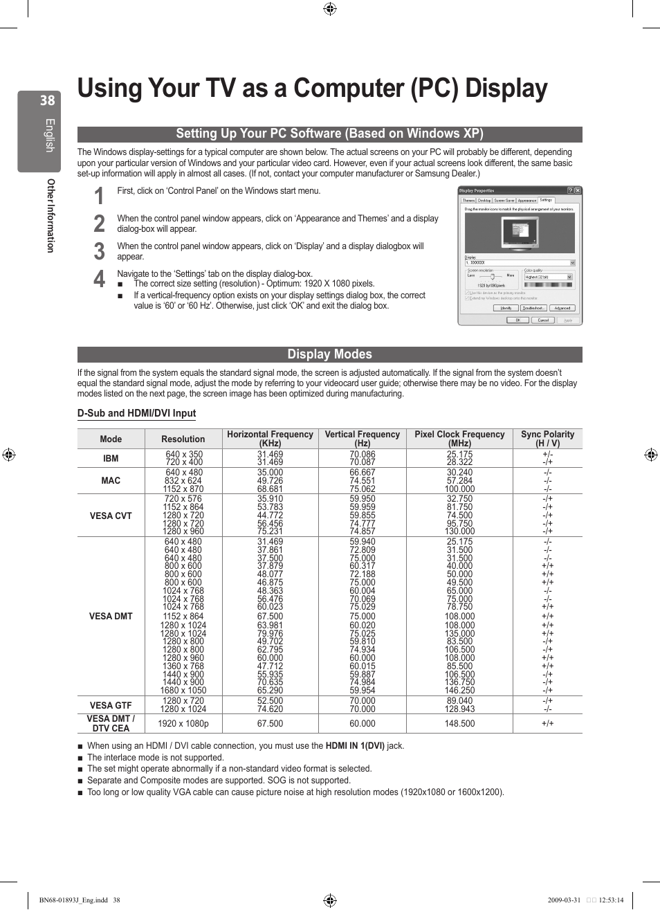 Using your tv as a computer (pc) display, Setting up your pc software (based on windows xp), Display modes | Samsung WD1950 User Manual | Page 38 / 49