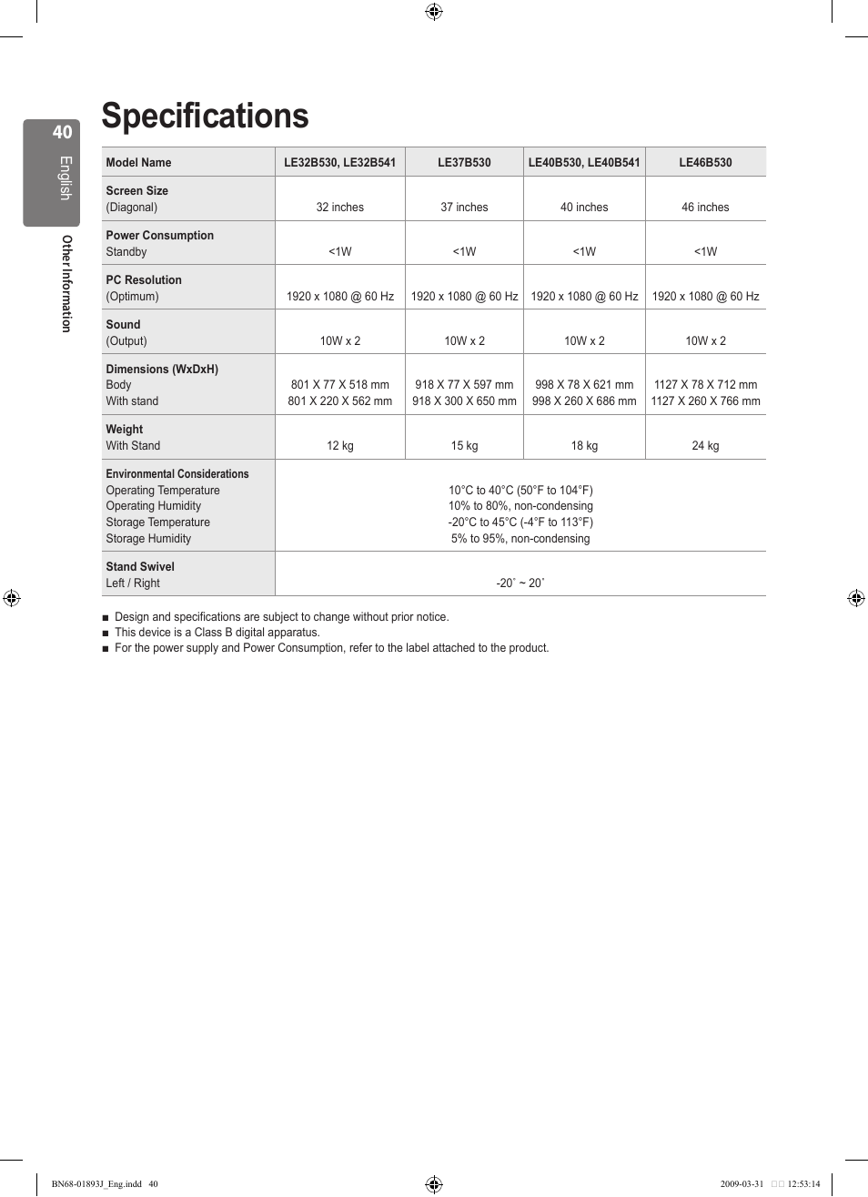 Specifications | Samsung WD1950 User Manual | Page 40 / 49