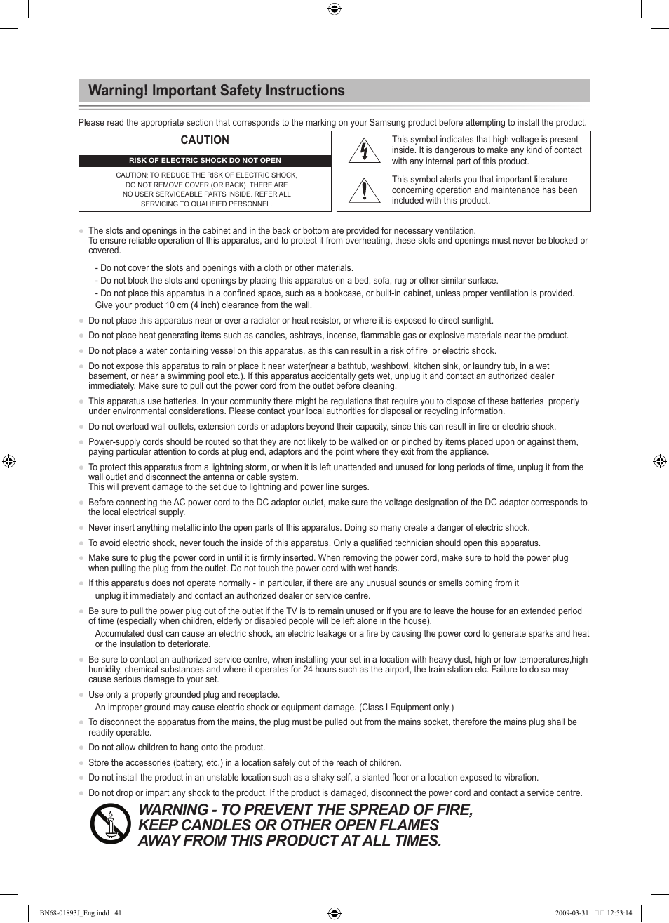 Warning! important safety instructions | Samsung WD1950 User Manual | Page 41 / 49