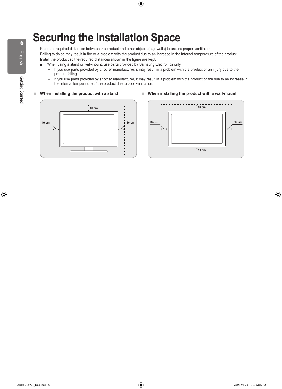 Securing the installation space | Samsung WD1950 User Manual | Page 6 / 49