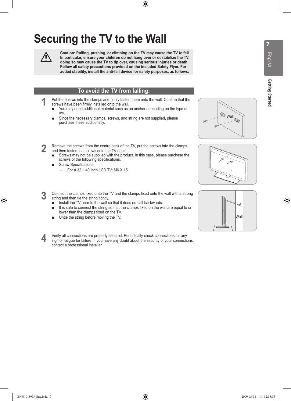 Securing the tv to the wall | Samsung WD1950 User Manual | Page 7 / 49