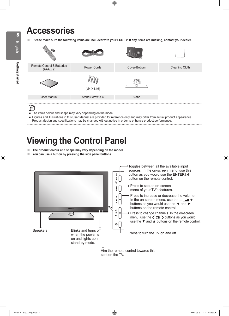 Accessories, Viewing the control panel | Samsung WD1950 User Manual | Page 8 / 49