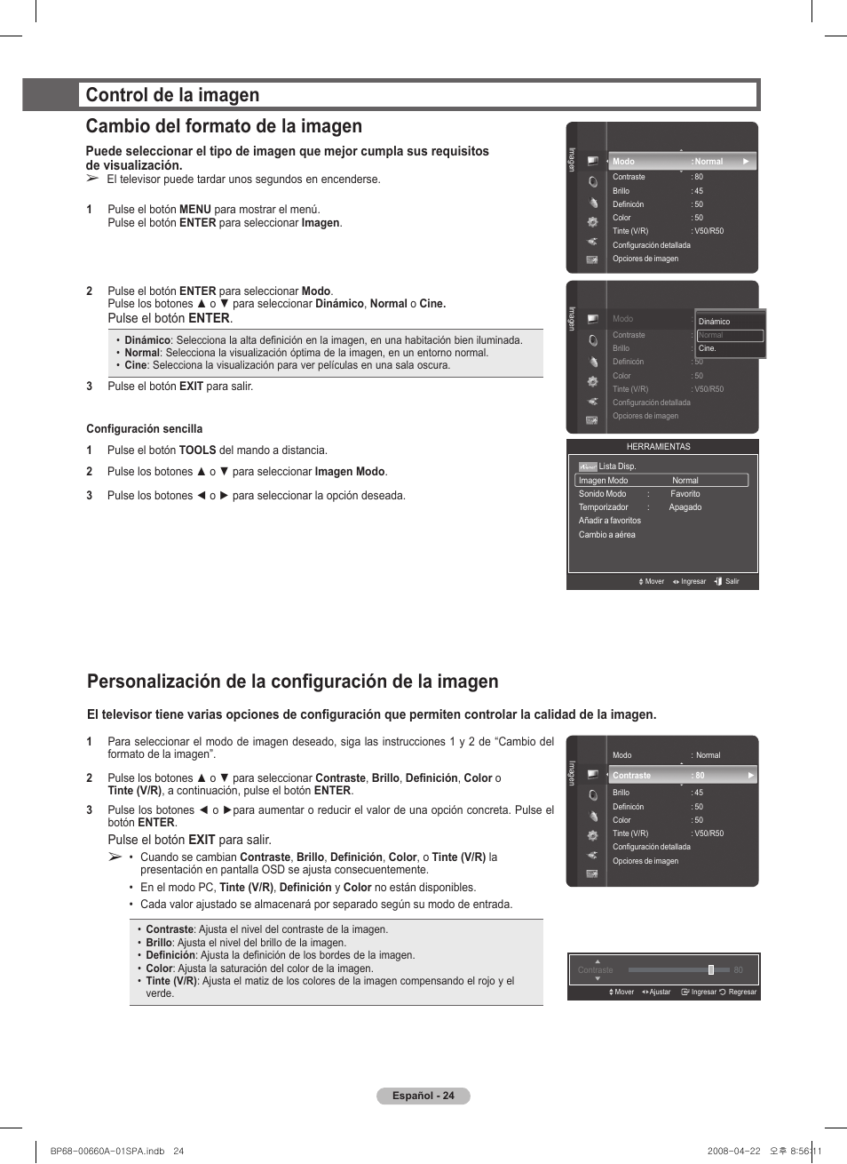 Personalización de la configuración de la imagen, Pulse el botón enter, Pulse el botón exit para salir | Samsung HL72A650 User Manual | Page 125 / 195