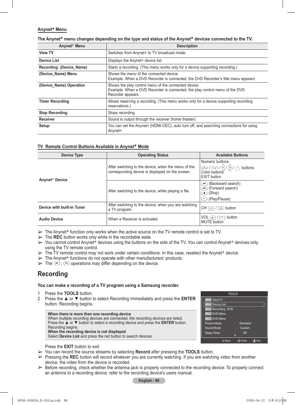 Recording | Samsung HL72A650 User Manual | Page 88 / 195