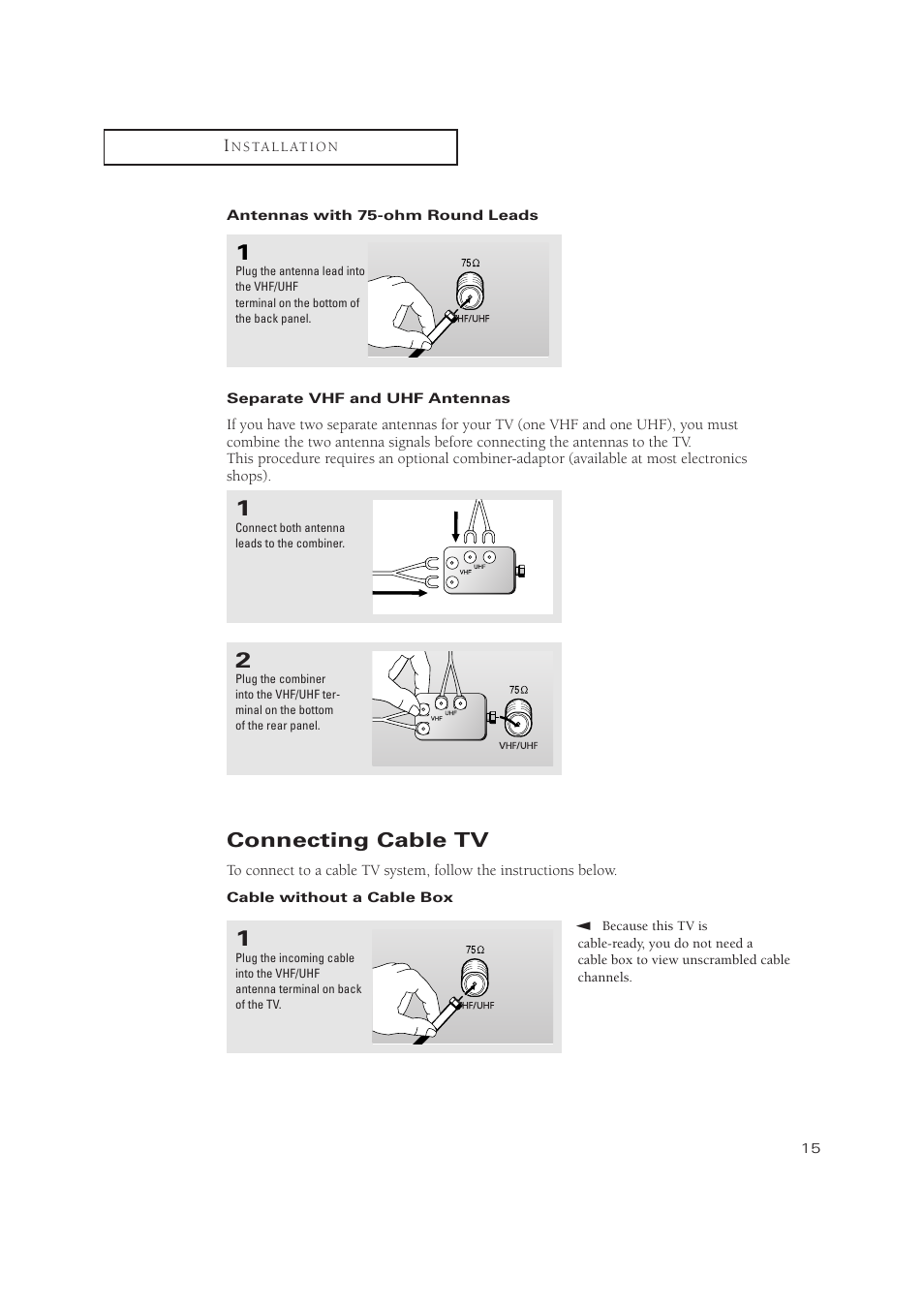 Connecting cable tv | Samsung TXN3275HF/TXN2670WHF User Manual | Page 15 / 79