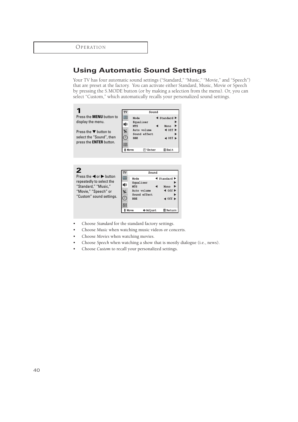 Using automatic sound settings | Samsung TXN3275HF/TXN2670WHF User Manual | Page 40 / 79