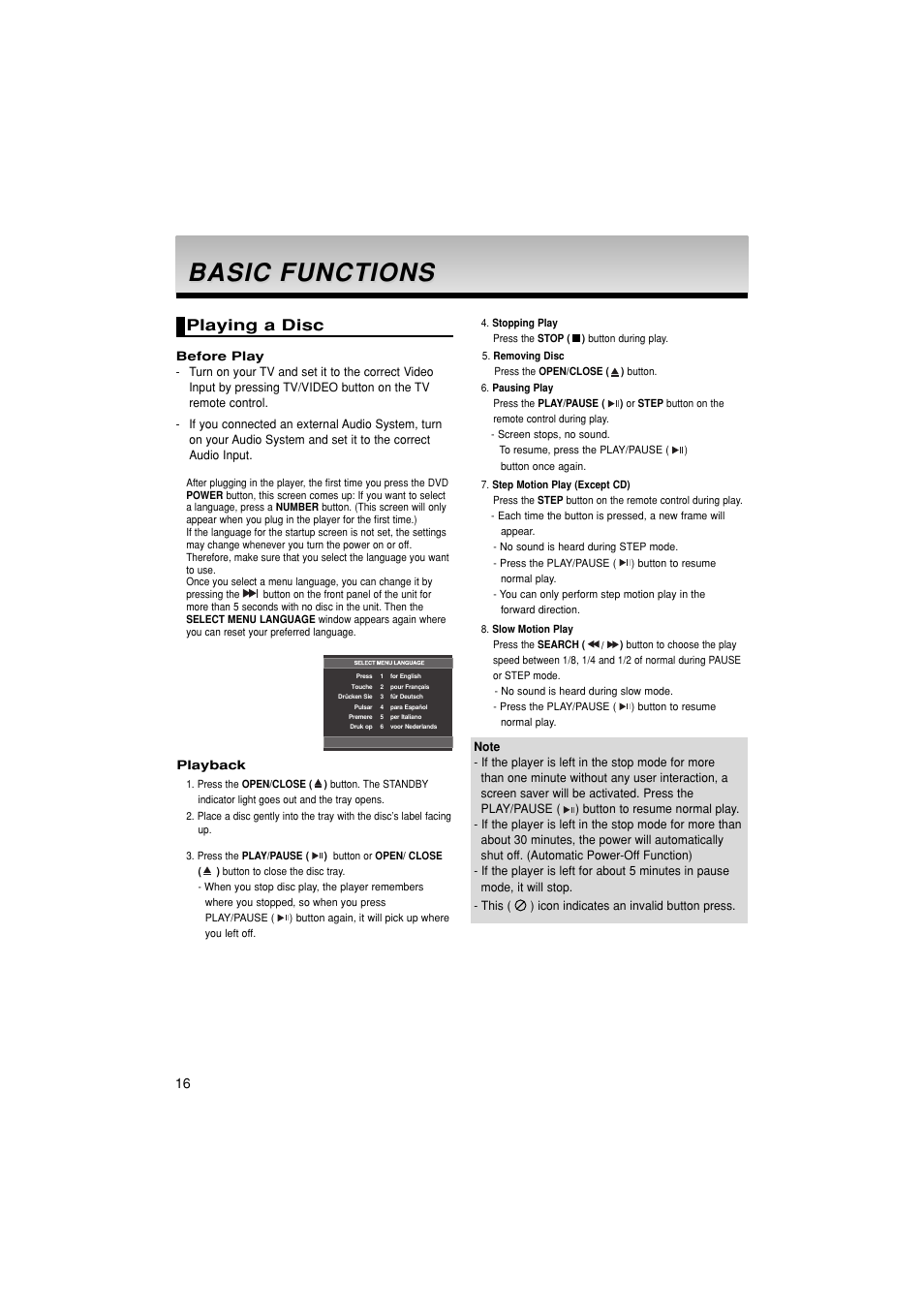 Basiic functiions, Playing a disc, Basic | Basic functions functions | Samsung 1080P7 User Manual | Page 16 / 36