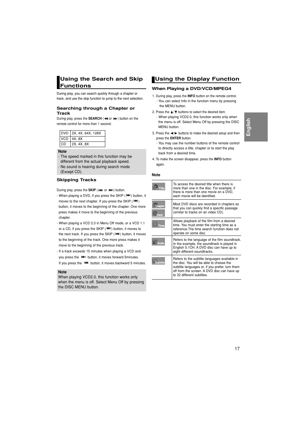 Using the search and skipfunctions, Using the display function, English using the search and skip functions | Samsung 1080P7 User Manual | Page 17 / 36