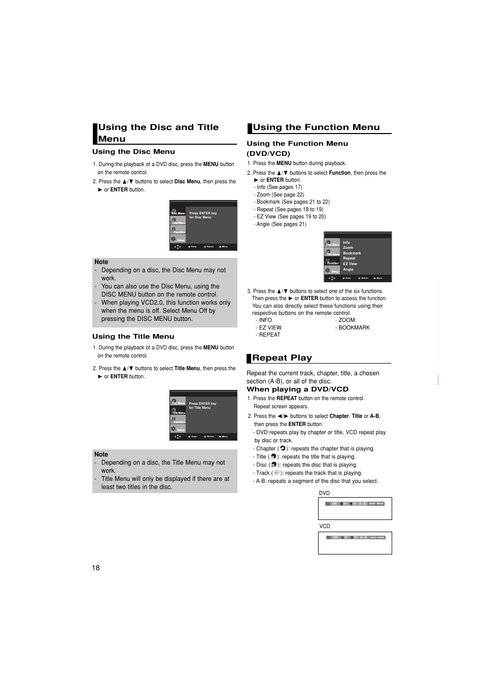 Using the disc and titlemenu, Using the function menu, Repeat play | Samsung 1080P7 User Manual | Page 18 / 36