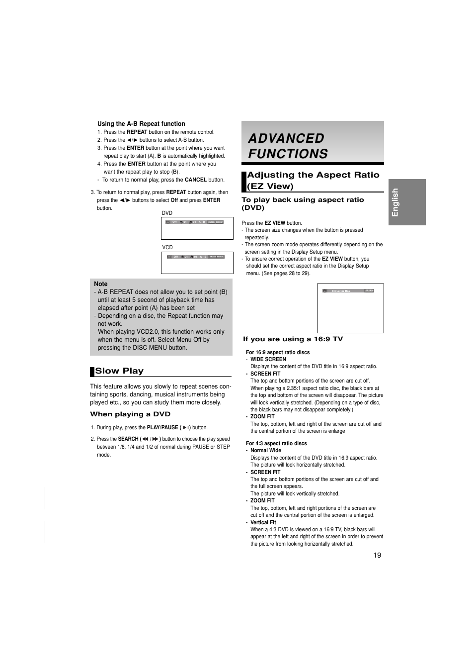 Slow play, Advanced functiions, Adjusting the aspect ratio(ez view) | Adv anced anced functions functions, English, Adjusting the aspect ratio (ez view) | Samsung 1080P7 User Manual | Page 19 / 36