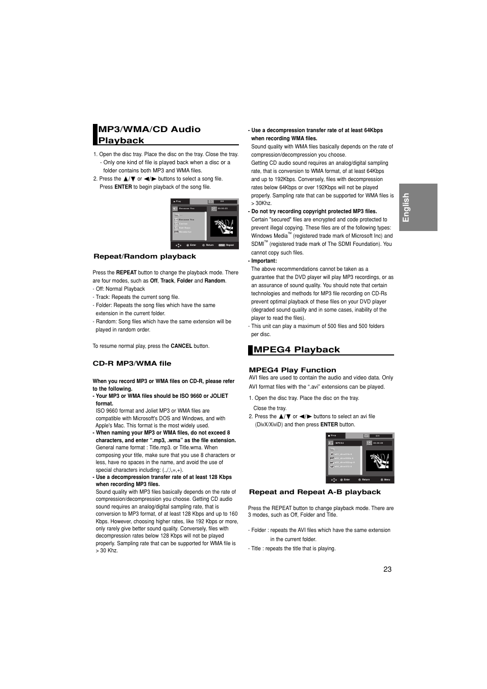Mp3/wma/cd audioplayback, Mpeg4 playback, English mp3/wma/cd audio playback | Samsung 1080P7 User Manual | Page 23 / 36