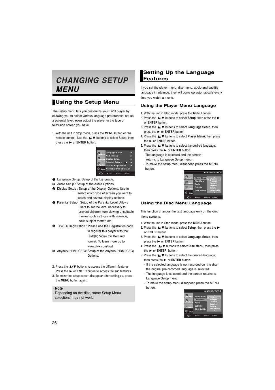 Changiing setup menu, Using the setup menu, Setting up the languagefeatures | Changing setup, Changing setup menu menu, Setting up the language features | Samsung 1080P7 User Manual | Page 26 / 36