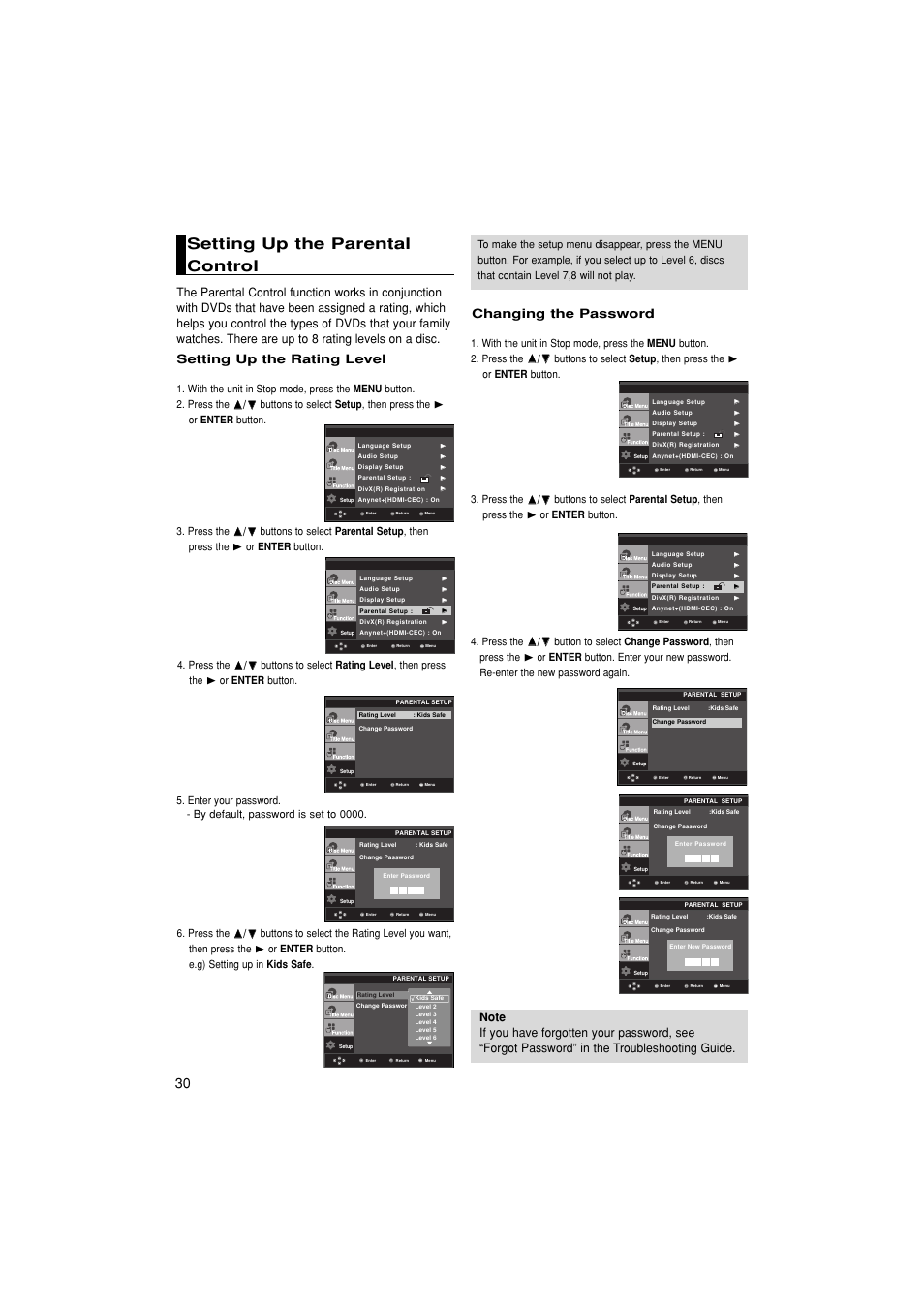 Setting up the parentalcontrol, Setting up the parental control, Changing the password | Setting up the rating level | Samsung 1080P7 User Manual | Page 30 / 36