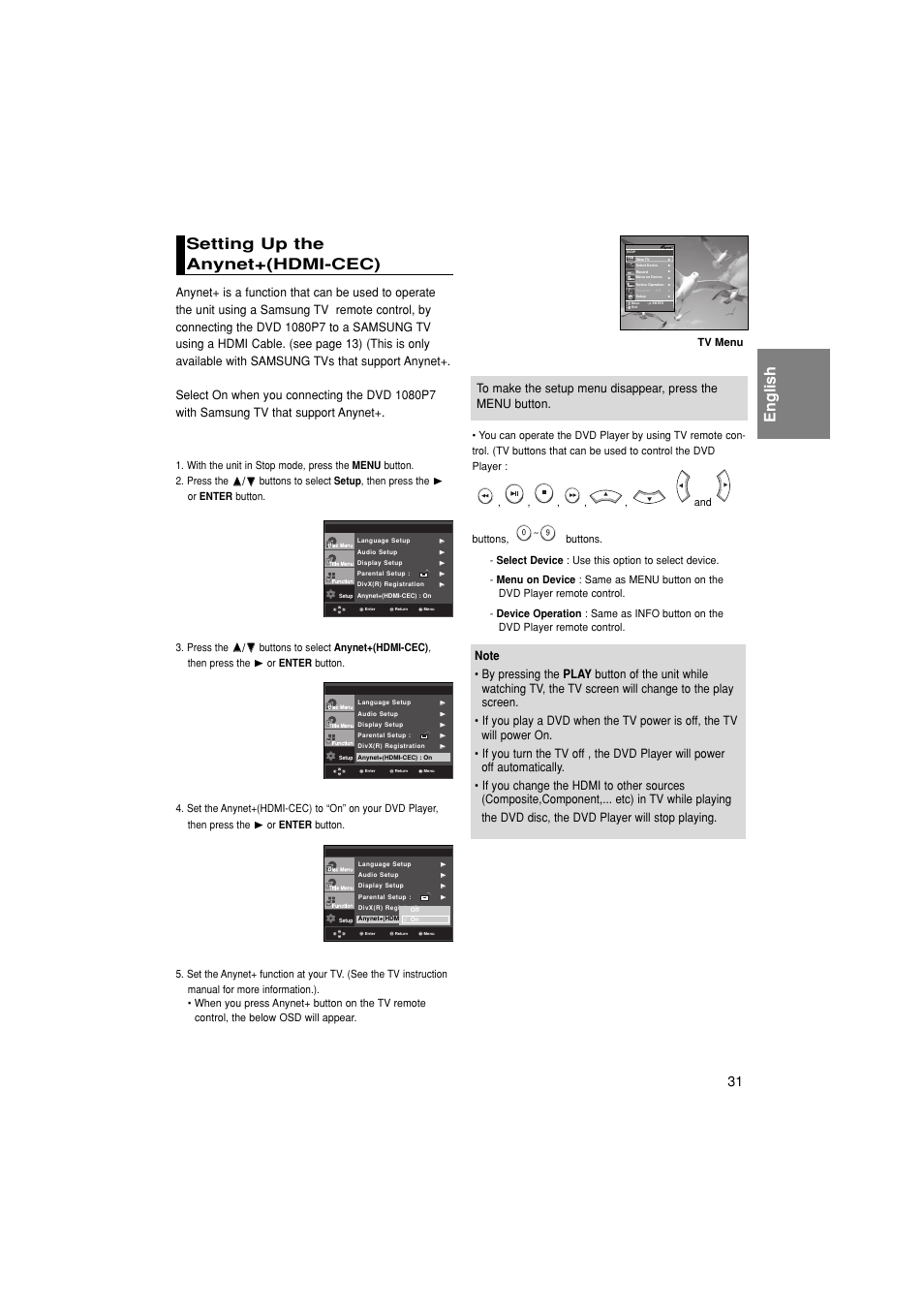 Setting up theanynet+(hdmi-cec), English, Setting up the anynet+(hdmi-cec) | Samsung 1080P7 User Manual | Page 31 / 36