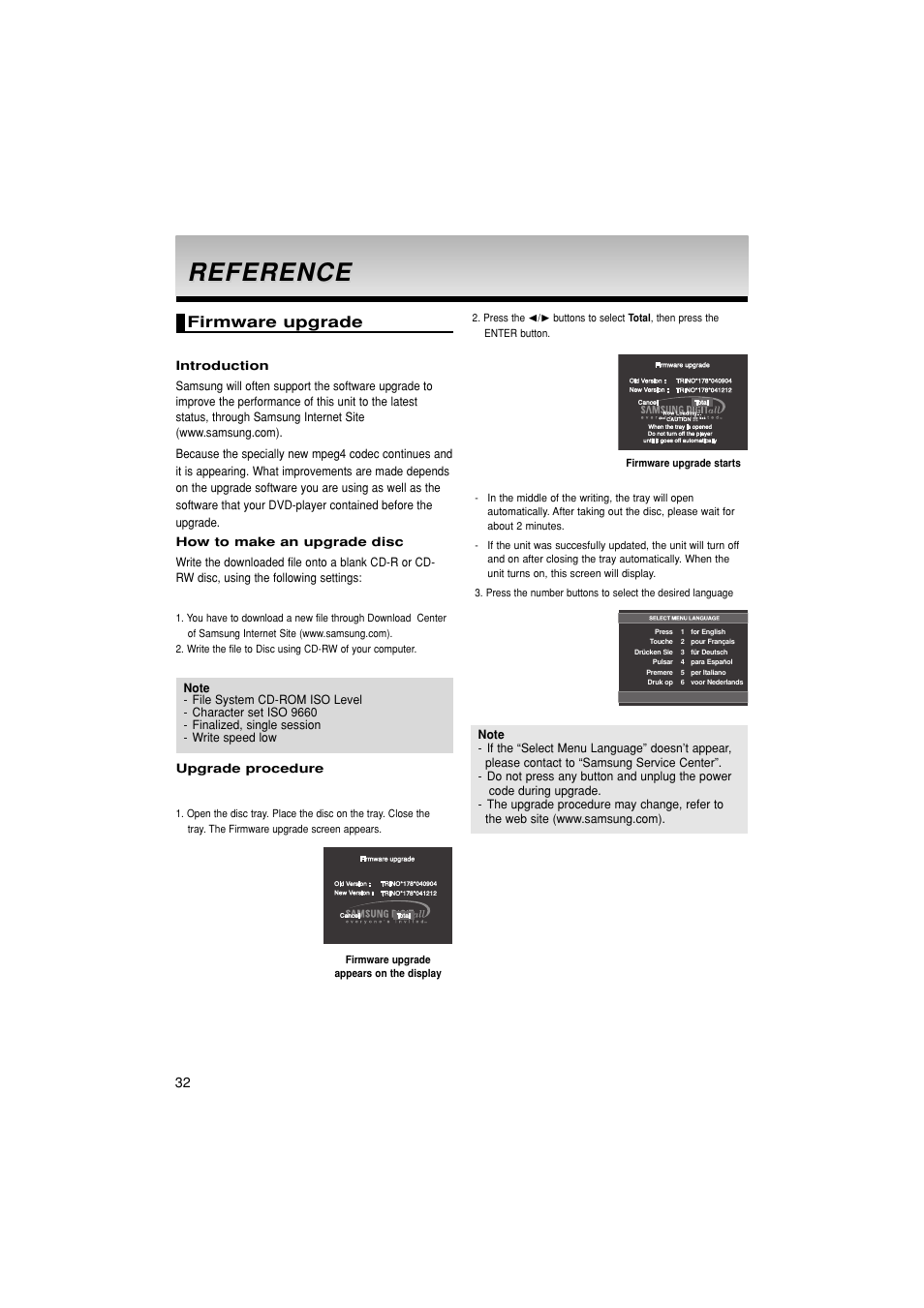 Reference, Firmware upgrade | Samsung 1080P7 User Manual | Page 32 / 36