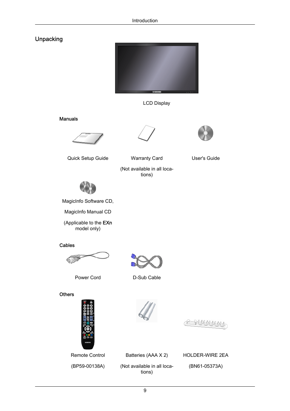 Unpacking | Samsung 400EX(N) User Manual | Page 10 / 159